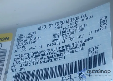 2025 Ford Bronco Sport Outer Banks z USA, uszkodzony, nr VIN 3FMCR9CN0SRE53211